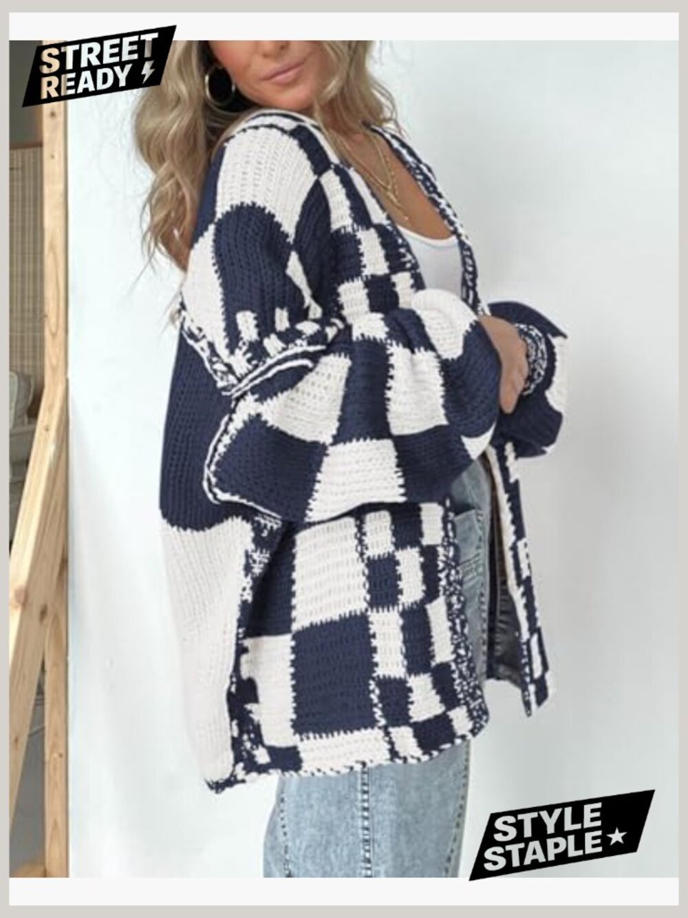 Casual Open Front Chunky Knit Cardigan Sweater Long Sleeve Checkered - Picture 5 of 7
